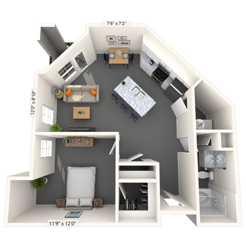 Floor plan for 1 bed, 1 bath, 744 sqft